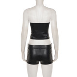 PU Leather Wrap Chest Top Two Piece Short Set GPKJ-MR48138