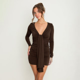 Solid Color Long Sleeve Ruched Mini Dress GSZM-C26DS319