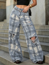 Plus Size Plaid Holes Patchwork Jeans GYLN-5003