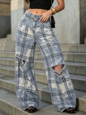 Plus Size Plaid Holes Patchwork Jeans GYLN-5003