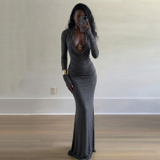Deep V Neck Long Sleeve Maxi Dress GPKJ-MR51011