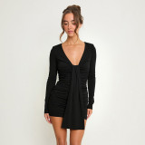 Solid Color Long Sleeve Ruched Mini Dress GSZM-C26DS319