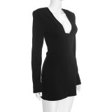 Solid Color Long Sleeve V Neck Mini Dress GSBW-C26DS308