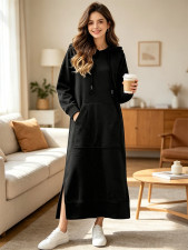 Plus Size Solid Color Fleece Hooded Loose Long Dress SSNF-250904