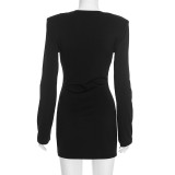 Solid Color Long Sleeve V Neck Mini Dress GSBW-C26DS308