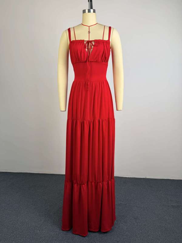 Solid Color Pleated Sling Maxi Dress GCNE-75478