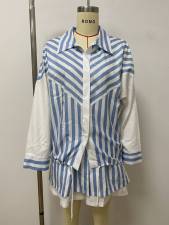 Contrast Color Stripe Shirt Two Piece Short Set LSD-3013