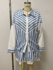 Contrast Color Stripe Shirt Two Piece Short Set LSD-3013