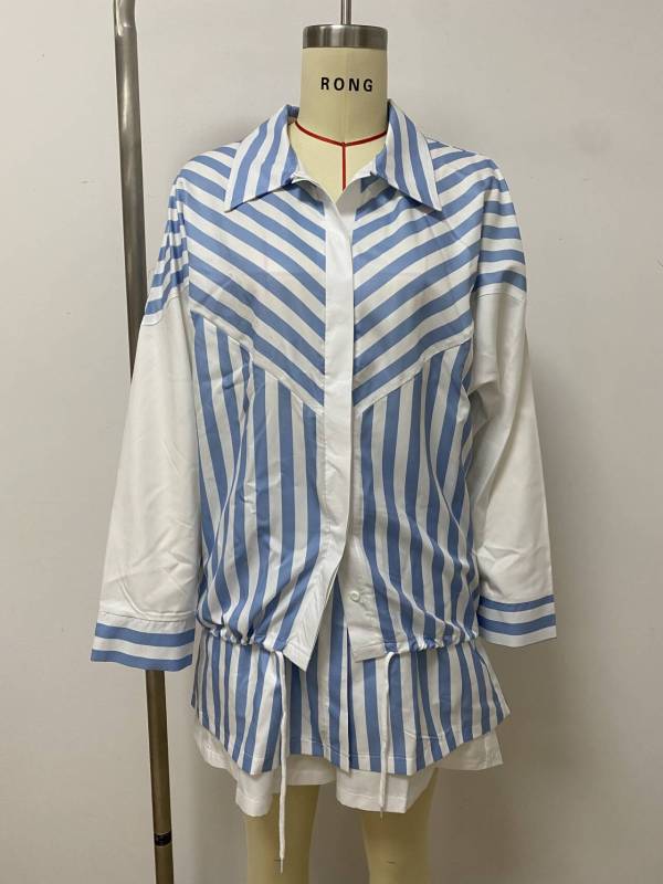 Contrast Color Stripe Shirt Two Piece Short Set LSD-3013