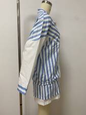 Contrast Color Stripe Shirt Two Piece Short Set LSD-3013