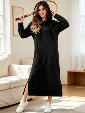 Plus Size Solid Color Fleece Hooded Loose Long Dress SSNF-250904