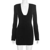 Solid Color Long Sleeve V Neck Mini Dress GSBW-C26DS308