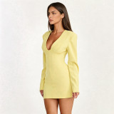 Solid Color Long Sleeve V Neck Mini Dress GSBW-C26DS308