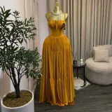 Solid Color Pleated Sling Maxi Dress GCNE-75478