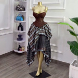 Plaid Print Patchwork Irregular Long Skirt GCNE-75279