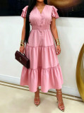 V-neck Breasted Button Bubble Sleeve Long Dress OMY-12052