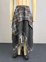Plaid Print Patchwork Irregular Long Skirt GCNE-75279