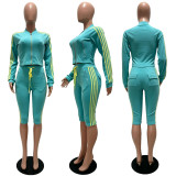 Zipper Long Sleeve Stripe Two Piece Shorts Set CM-60805