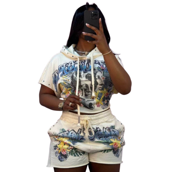 Letter Print Hooded Top Two Piece Shorts Set GFCF-1518