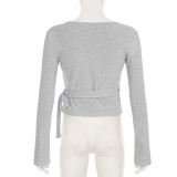 Long Sleeve V Neck Lace Up Top GPKJ-MR22954