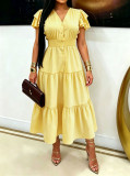 V-neck Breasted Button Bubble Sleeve Long Dress OMY-12052