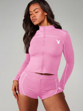 Long Sleeve Zipper Top Two Piece Shorts Set GFCF-1512