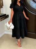 V-neck Breasted Button Bubble Sleeve Long Dress OMY-12052