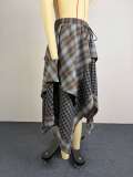 Plaid Print Patchwork Irregular Long Skirt GCNE-75279