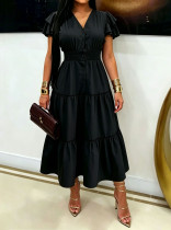 V-neck Breasted Button Bubble Sleeve Long Dress OMY-12052