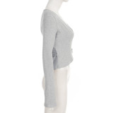 Long Sleeve V Neck Lace Up Top GPKJ-MR22954