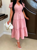 V-neck Breasted Button Bubble Sleeve Long Dress OMY-12052