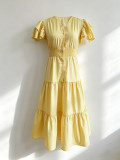 V-neck Breasted Button Bubble Sleeve Long Dress OMY-12052