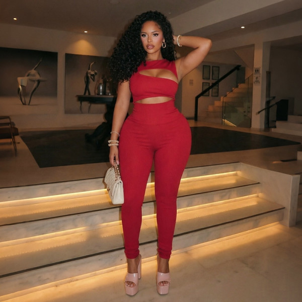 Solid Color Hollow Out Jumpsuit MXBF-J26JP362