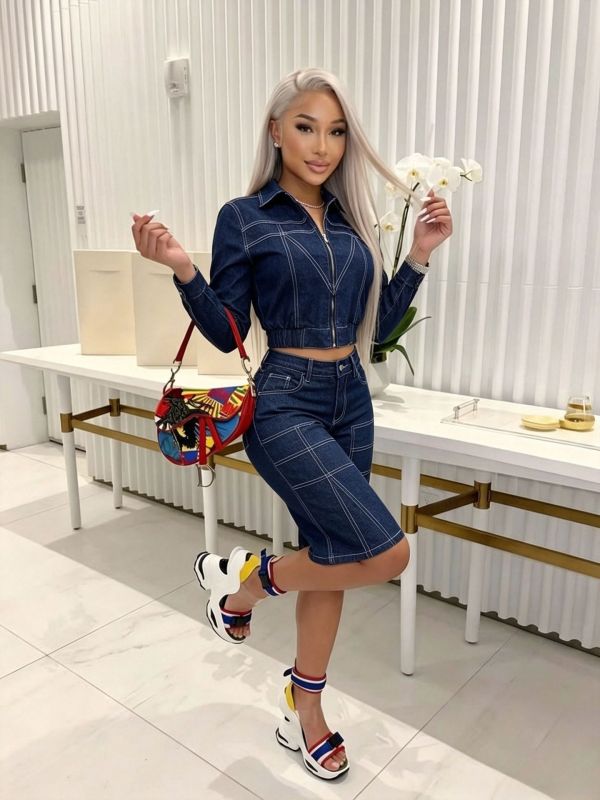 Long Sleeve Fifth Pants Denim 2 Piece Set MEM-88714
