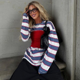 Stripe Print Tube Top Contast Color 2 Piece Top GZJQ-K6S14151A