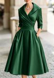 Plus Size Solid Color Long Sleeve Satin Midi Dress BGN-371