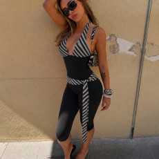 Deep V Neck Stripe Backless Seventh Jumpsuit GPKJ-MR50892