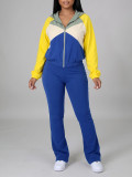Color Block Long Sleeve Coat Two Piece Pants Set AIL-366