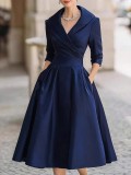 Plus Size Solid Color Long Sleeve Satin Midi Dress BGN-371