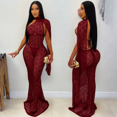 See Through Lace Shawl Sexy Maxi Dress(With Underpants) BY-7809