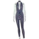 Deep V Neck Sleeveless Print Jumpsuit GJYO-JP006388