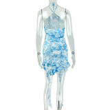Print Halterneck Ruffles Mini Dress GJYO-JD305729