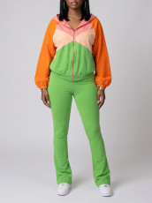 Color Block Long Sleeve Coat Two Piece Pants Set AIL-366