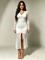 Lace V Neck Long Sleeve Midi Dress GADE-8416