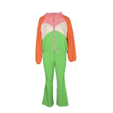 Color Block Long Sleeve Coat Two Piece Pants Set AIL-366