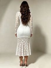 Lace V Neck Long Sleeve Midi Dress GADE-8416