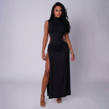 Sleeveless Solid Color High Split Maxi Dress GDSF-J26DS317