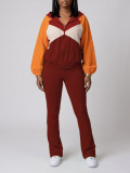 Color Block Long Sleeve Coat Two Piece Pants Set AIL-366