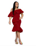 Solid Color Ruffles Irregular Midi Dress XMY-N044