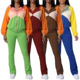 Color Block Long Sleeve Coat Two Piece Pants Set AIL-366